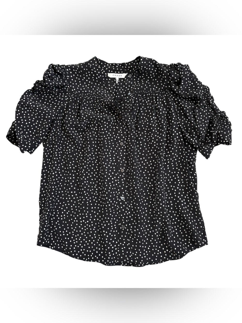 FRAME The Gillian 100% Silk Polka Dot Ruffle Sleeve Blouse Noir Multi Medium - Picture 6 of 7